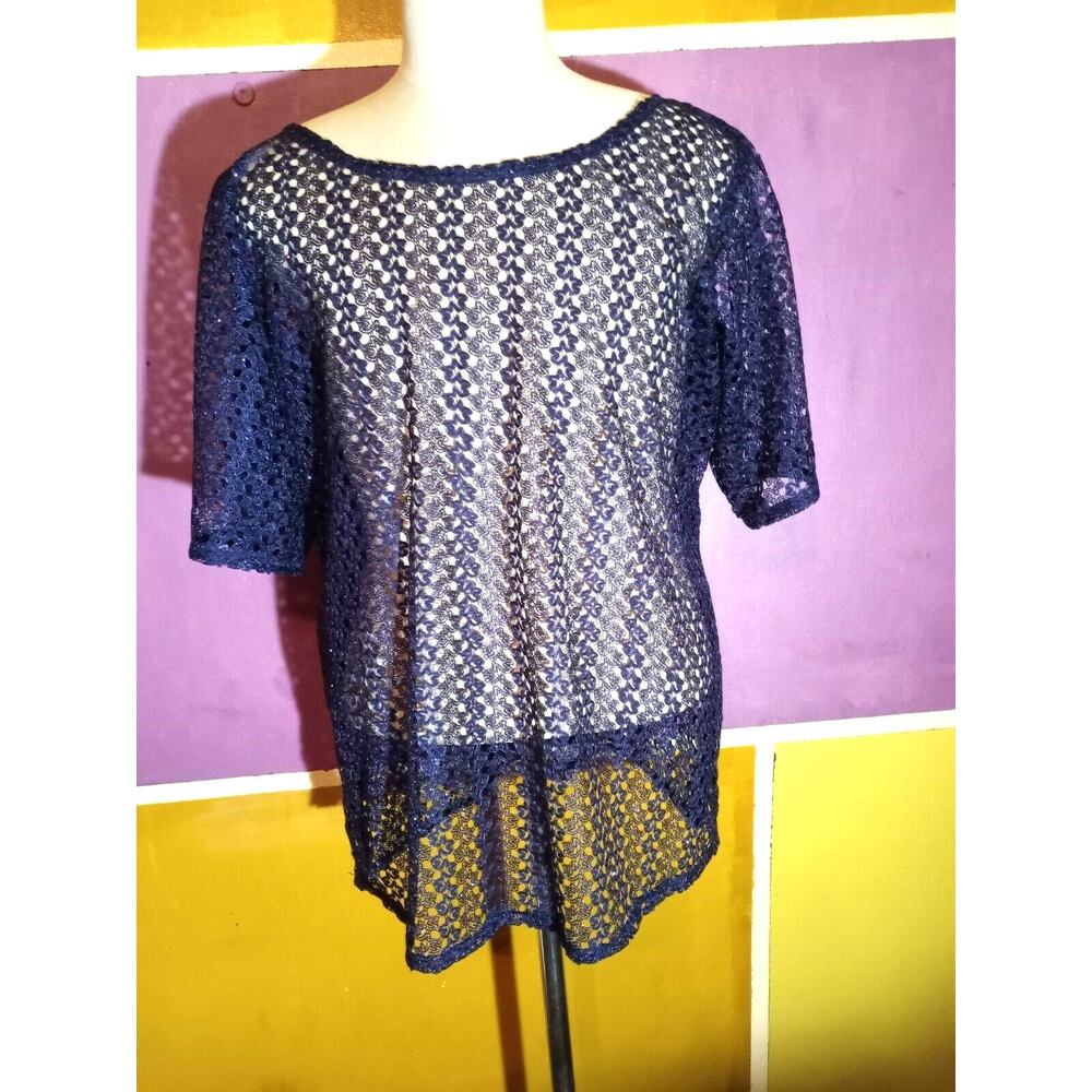 Navy Blue Blouse Lace Overlay Shirt w/ metallic thread Plus Size 1X- 2X
